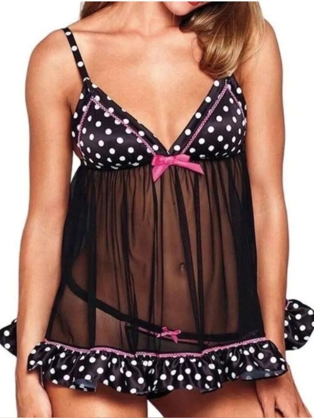 Victoria’s Secret Vintage Sexy Little Things Black Polka Dot Babydoll Top 36C